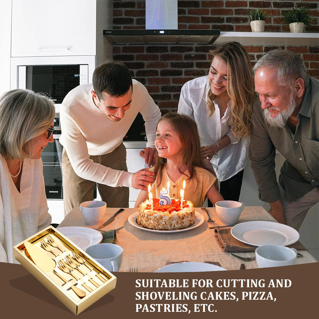 HASTHIP Cake Server Cake Forks Combo Set Stainless Steel Cake Slice & 5Pcs Dessert Forks, 2 in 1 Serrated Cake Cutter Slice 5.2 inches Cake Forks, Birthday Party Supplies Kitchen Supplies, Golden HASTHIP Cake Server Cake Forks Combo Set Stainless Steel Cake Slice & 5Pcs Dessert Forks, 2 in 1 Serrated Cake Cutter Slice 5.2 inches Cake Forks, Birthday Party Supplies Kitchen Supplies, Golden